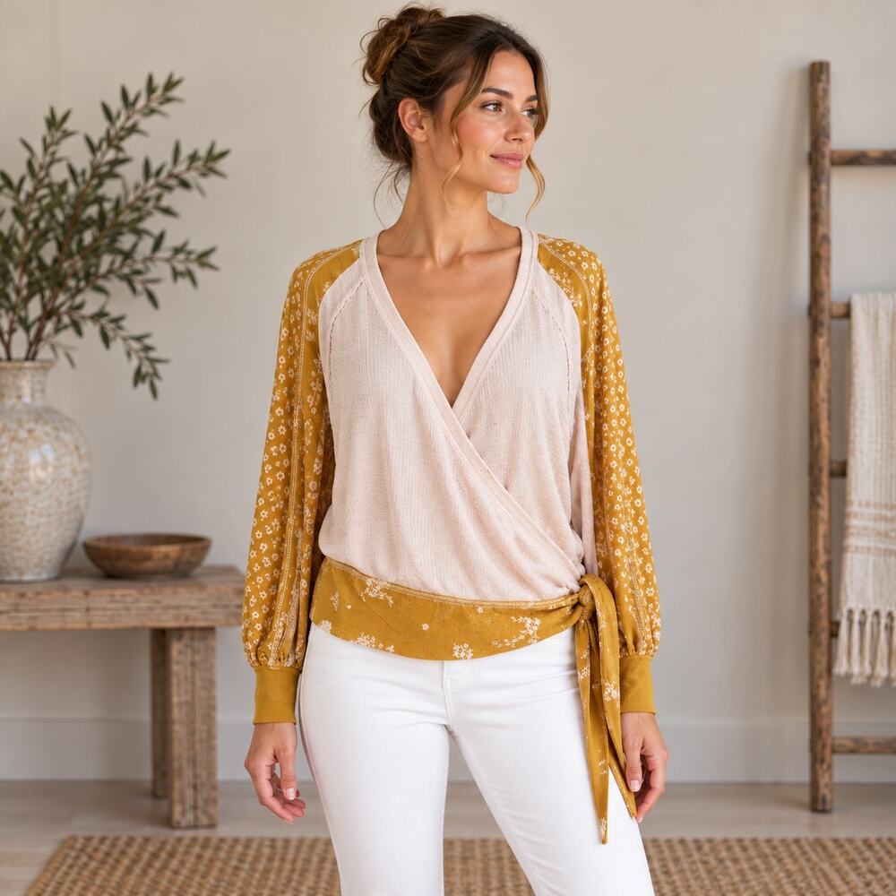 Free People Blush & Mustard Mixed Media Faux Wrap Top Small